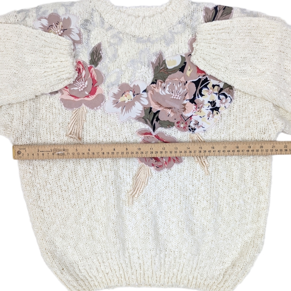 Vintage 80s Boucle Applique Rose Sweater Embellished Fairy Kei Kawaii Sz Large - Picture 6 of 12